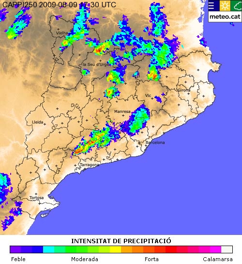 Mapa de precipitacions d'ahir diumenge a les 17,30h / Font: Meteocat