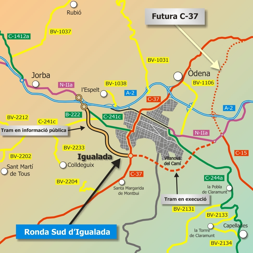 Dibuix del traçat de la ronda sud al seu pas per VIlanova, Monbtui i Igualada