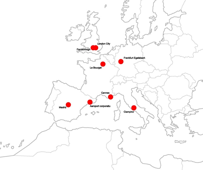 Mapa dels principals aeroports corporatius europeus