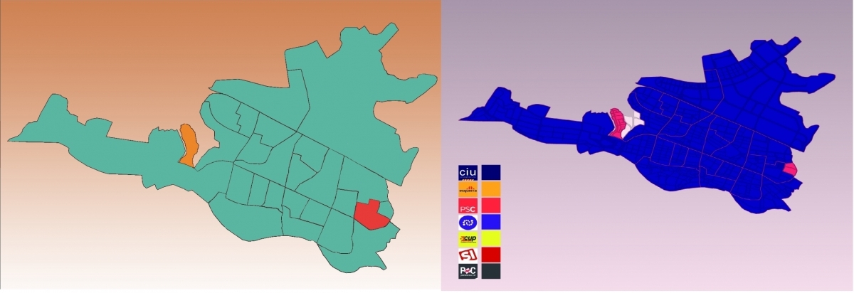 El mapa del 27S, a l'esquerra, en relació amb les municipals