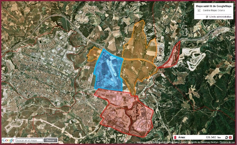La proposta: en blau l'aeròrdom; en vermell els polígons ja existents; en taronja la zona industrial proposada.