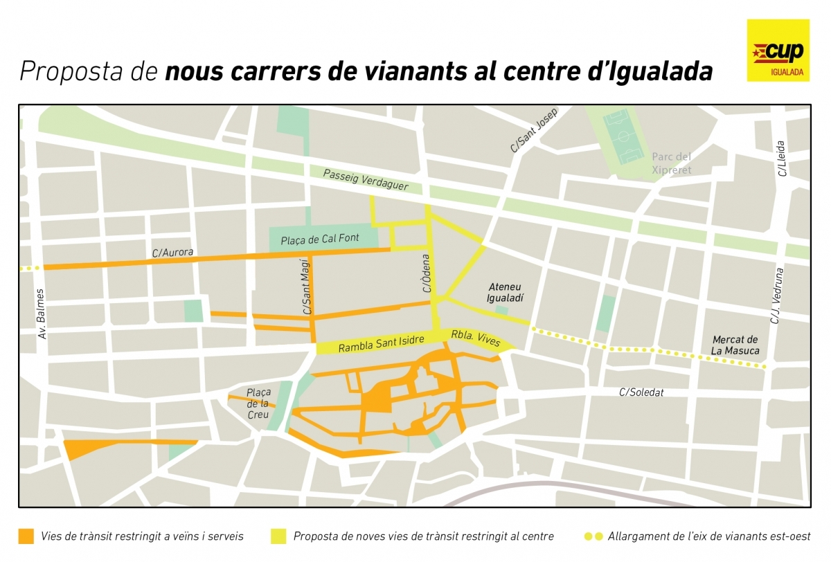 La proposta cupaire, amb les noves zones de vianants marcades en groc
