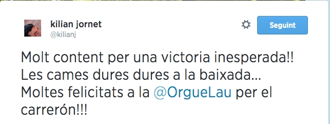 Tweet de Kilian Jornet felicitant a la corredora igualadina per la seva victòria