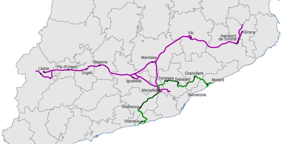 Traçat inicial previst per l'Eix Transversal Ferroviari