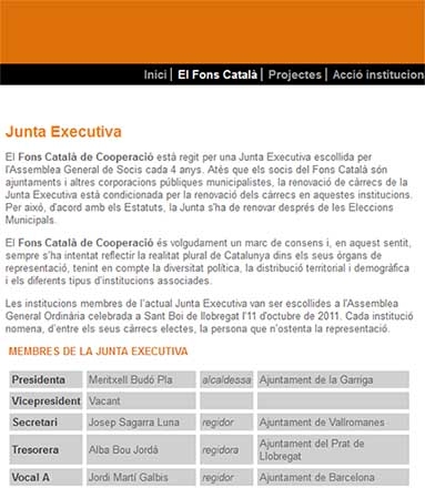 Web del Fons Català de Cooperació en què veiem la plaça de Vicepresident vacant