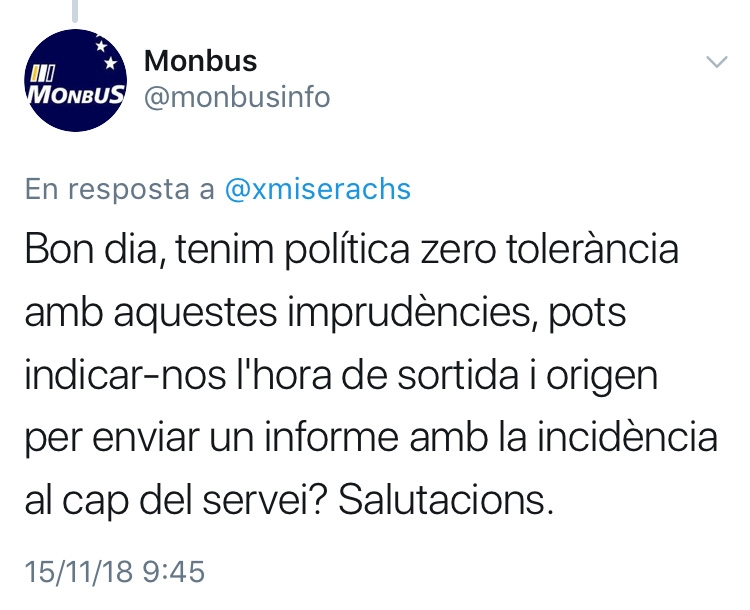 La resposta de Monbus a l'usuari que ha denunciat els fets a Twitter