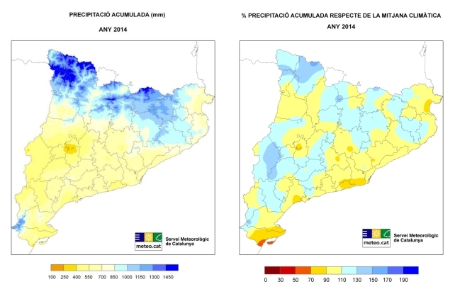 Mapes de precipitació acumulada durant l’any 2014 i de percentatge d’aquesta respecte de la mitjana climàtica