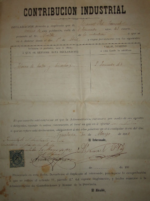 Declaració de contribució industrial de la pastisseria Pla del 1893