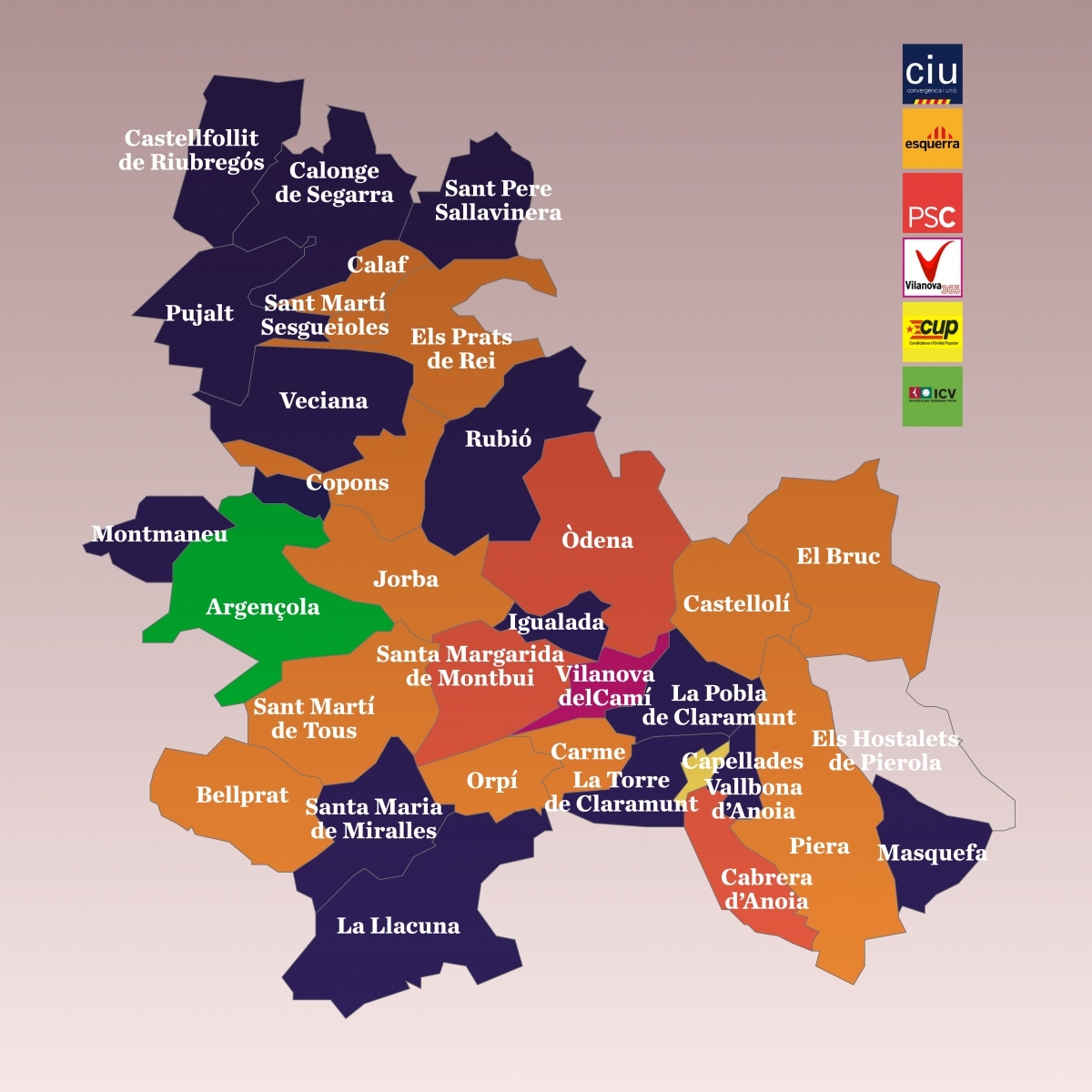 Castellolí i Els Hostalets, per constituir; en el segon cas, sense saber el color de l'alcalde