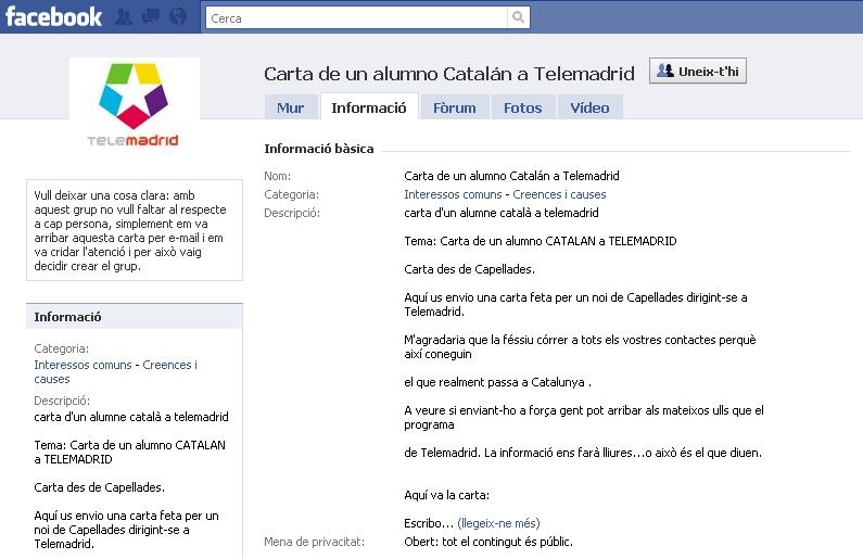 Grup 'Carta de un alumno catalán a Tele Madrid'