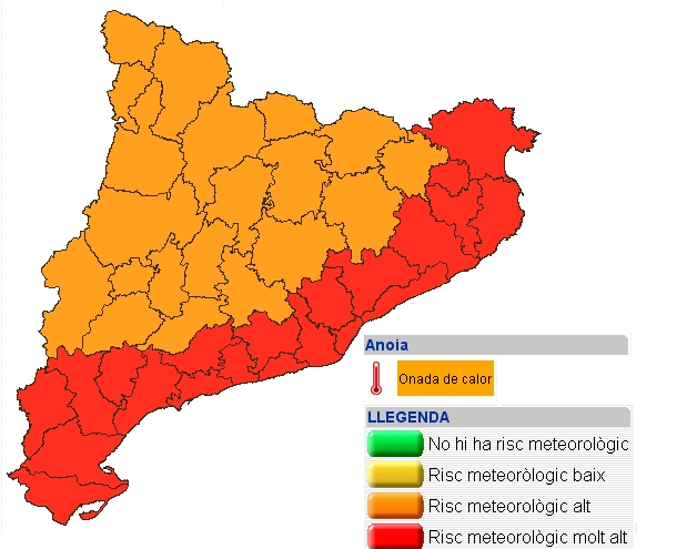 Mapa del servei meteorològic amb l'alerta de risc alt per l'onada de calor