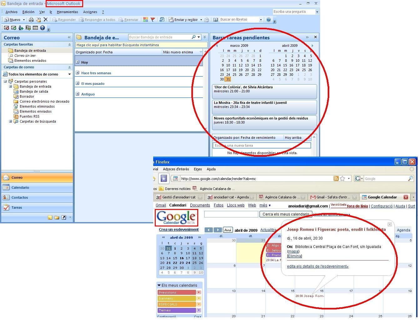 Actes programats a l'Outlook i al Google Calendar