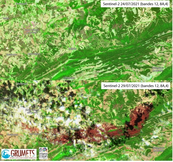 Imatge del satèl·lit europeu Sentinel-2 del dia 24 de juliol (dalt) i del dia 29/07 (baix) on s’aprecia la zona cremada en marró FONT: Cristina Domingo 