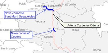 Mapa on s'observen els traçats que connectaran els municipis de Copons i Sant Martí Sesgueioles a la xarxa del Ter Llobregat.