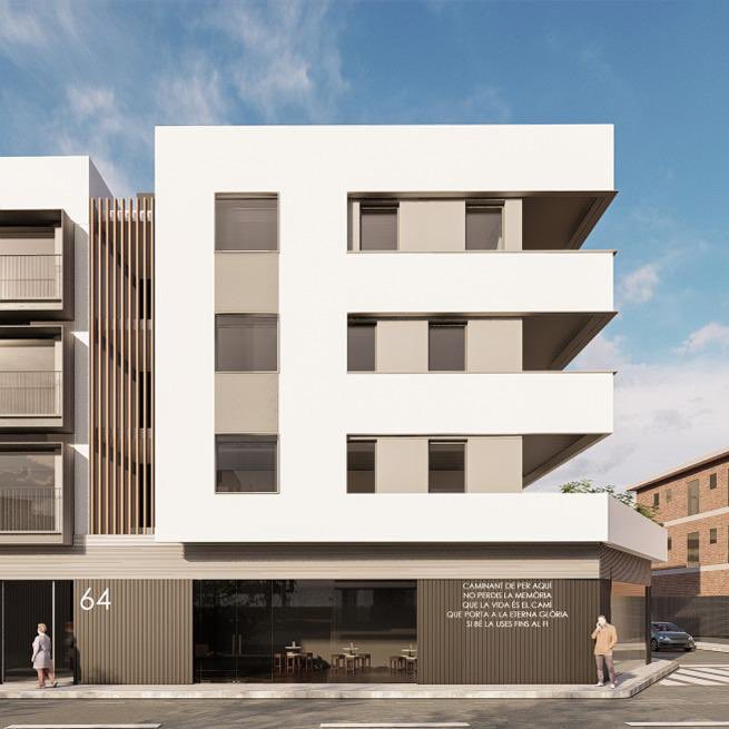 Imatge virtual de la façana de la futura promoció d'habitatges, amb una rèplica de la frase.