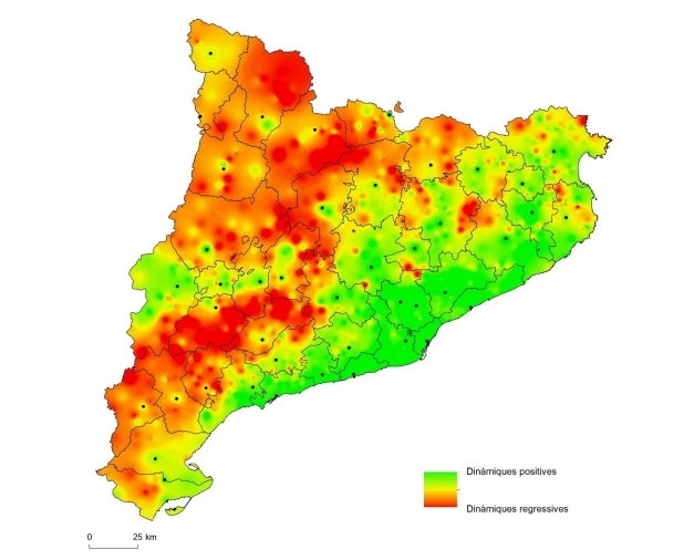 Les zones de Catalunya amb dinàmiques regressives, en vermell FONT: UdL