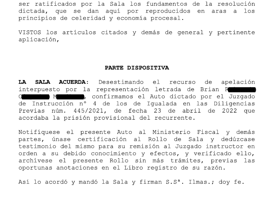 Resolució de l'Audiència de Barcelona que confirma la presó provisional per a l'investigat pel delicte d'agressió sexual i temptativa d'homicidi.