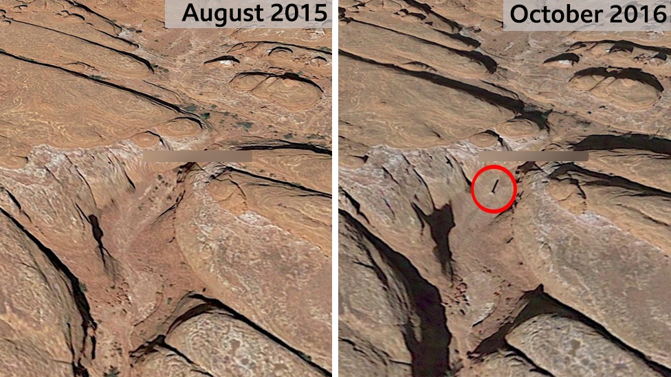 Imatges de satèl·lit captades abans i després de l'aparició del monòlit a Utah (Foto:BBC)