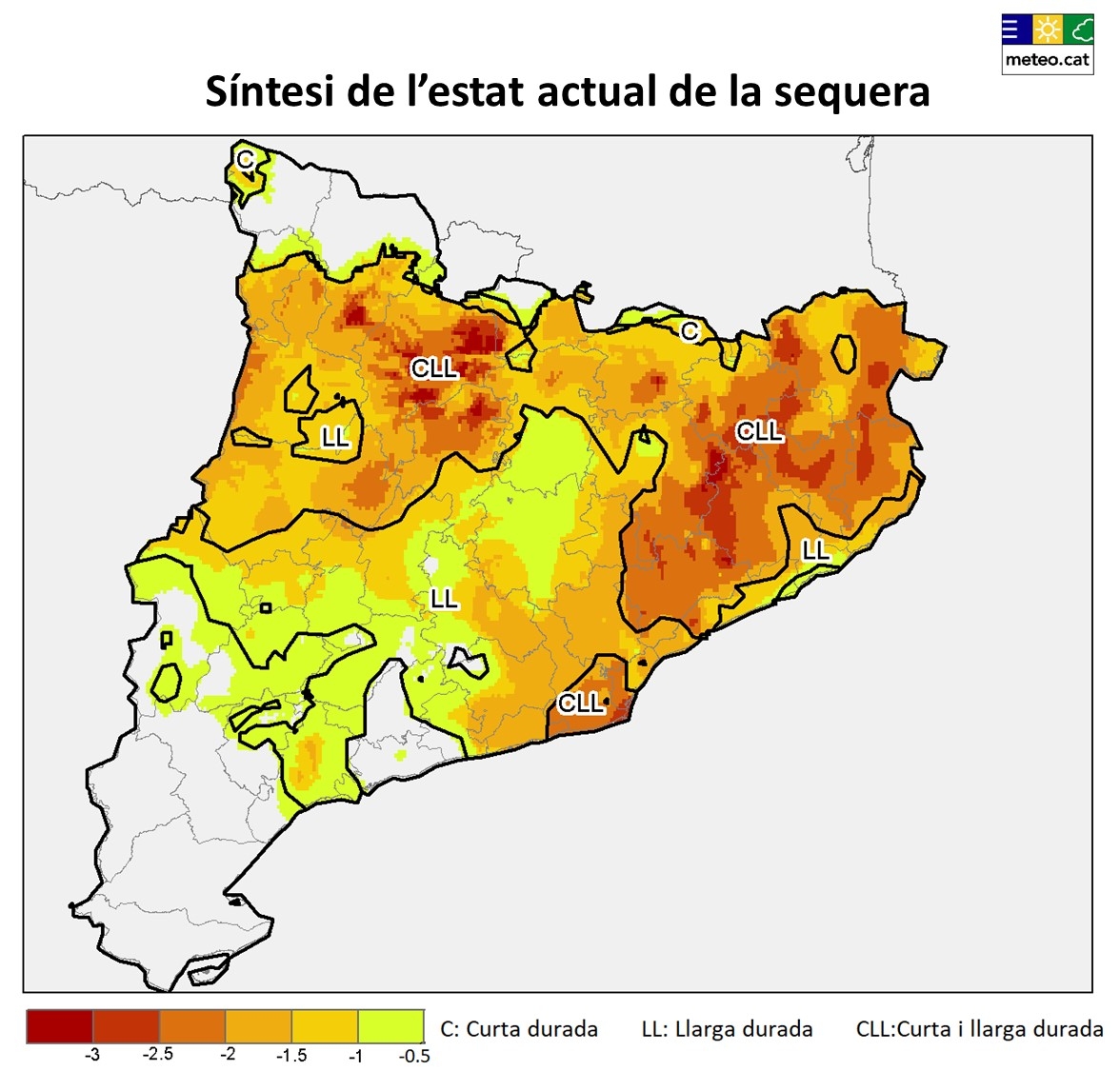 Síntesi de l’estat actual de la sequera a Catalunya a partir de l’estima de les condicions de dèficit hídric a curt (3 i 6 mesos) i llarg termini (12 i 24 mesos).